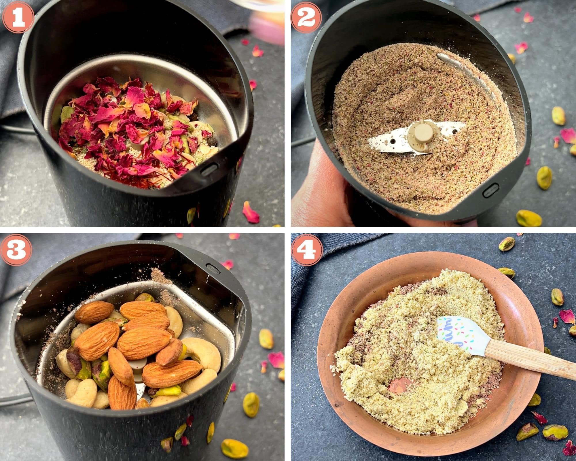 Step 1-4 showing how to grind nuts, seeds and spices for Thandai powder