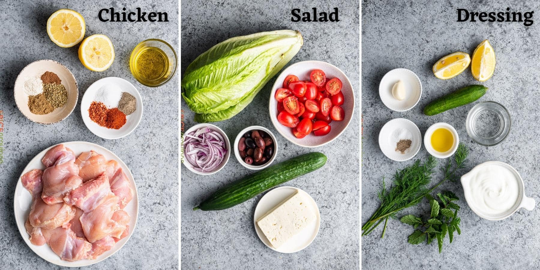three step grid with chicken, fresh vegetables and dressing ingredients