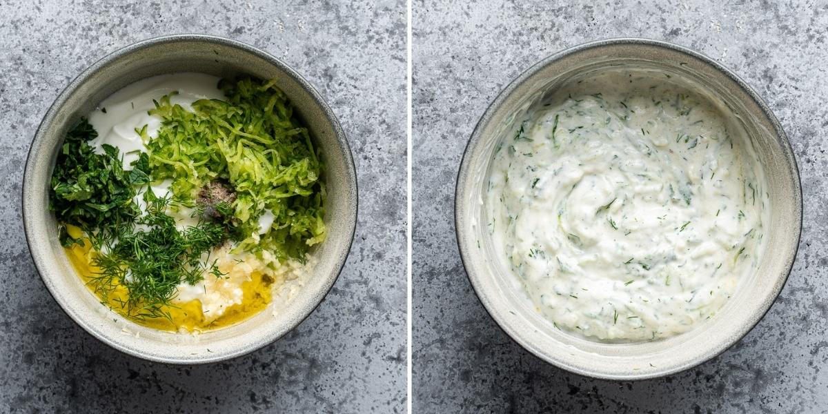 two step grid making tzatziki dressing with yogurt, cucumbers, dill and spices
