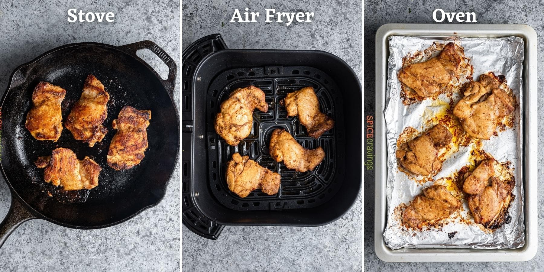 three step grid cooking chicken thighs in skillet, air fyer, oven