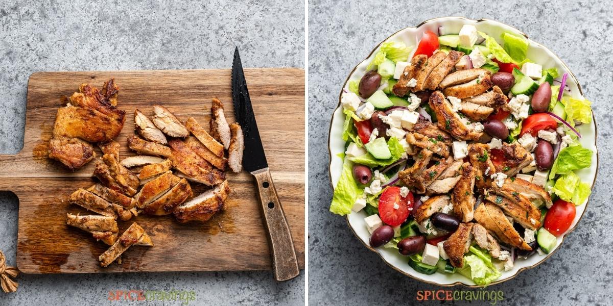 two step grid slicing chicken on wooden board, then topped on greek salad bowl