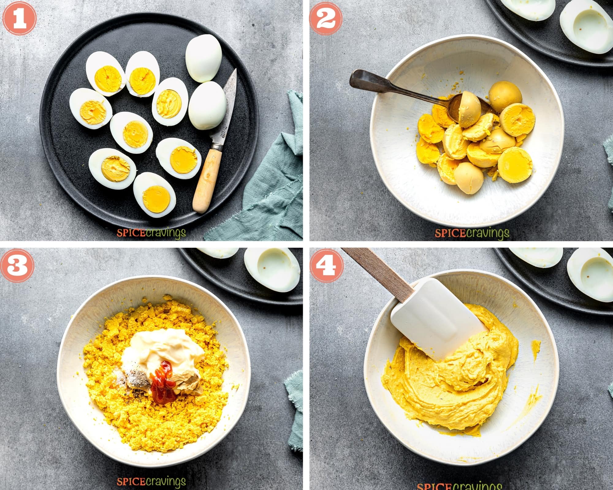 four step grid making spiced deviled egg filling