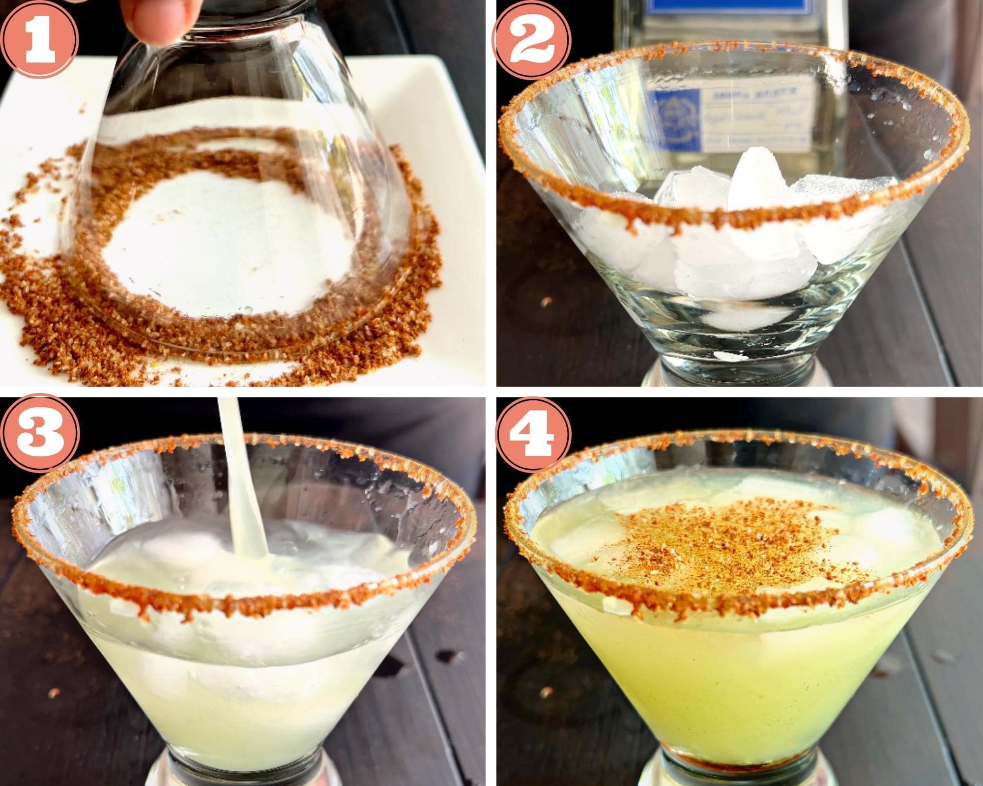 Steps 1-4 showing how to pour ice in glass, top with tequila and juice to make margarita