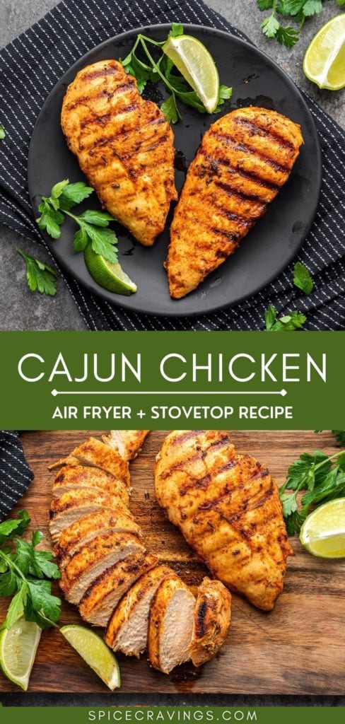 two cajun chicken breasts on black plate with lime wedge and cilantro