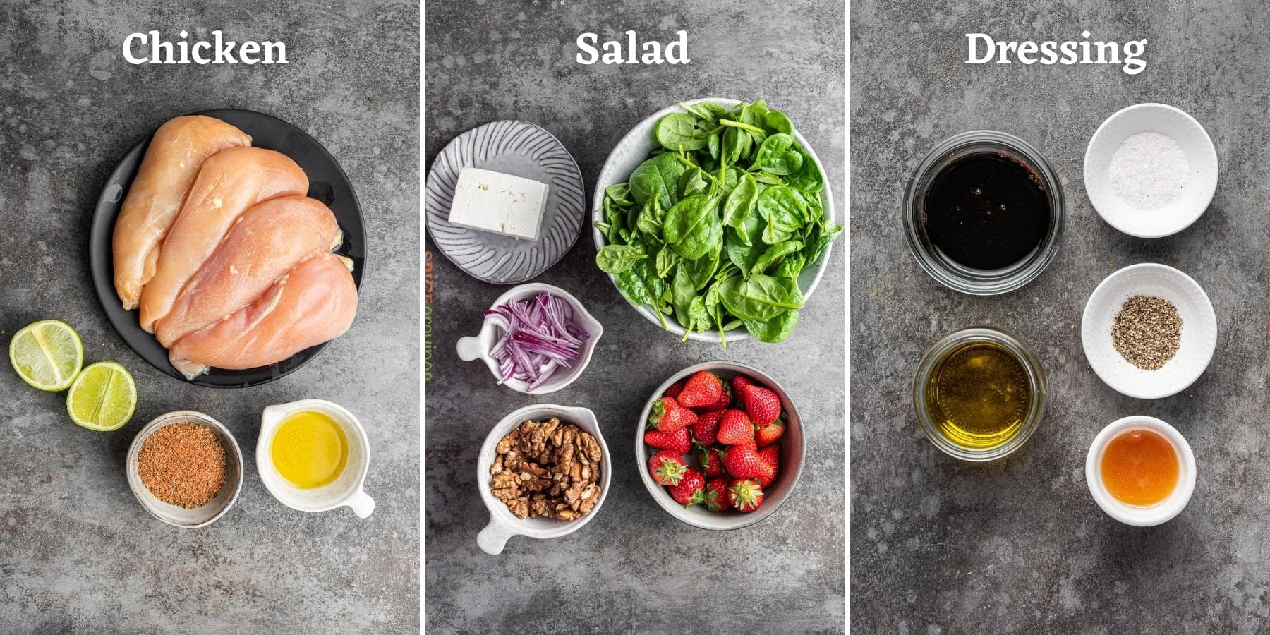three step grid with cajun chicken salad ingredients