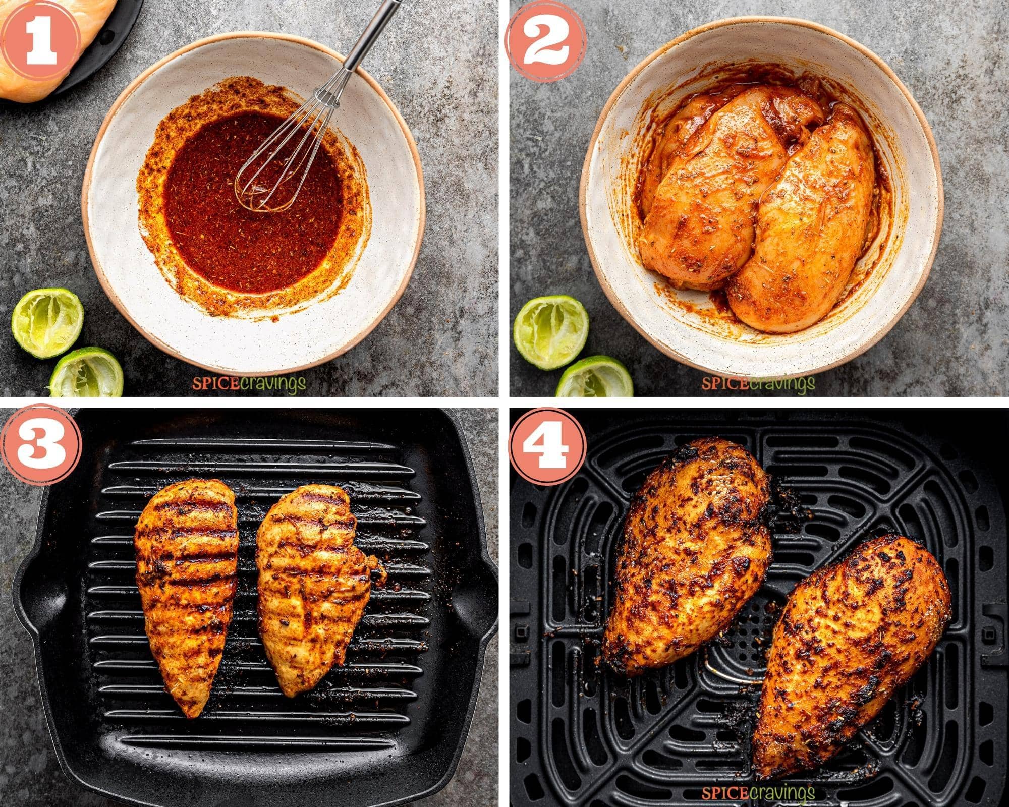 four step grid preparing cajun chicken on grill pan and in air fryer
