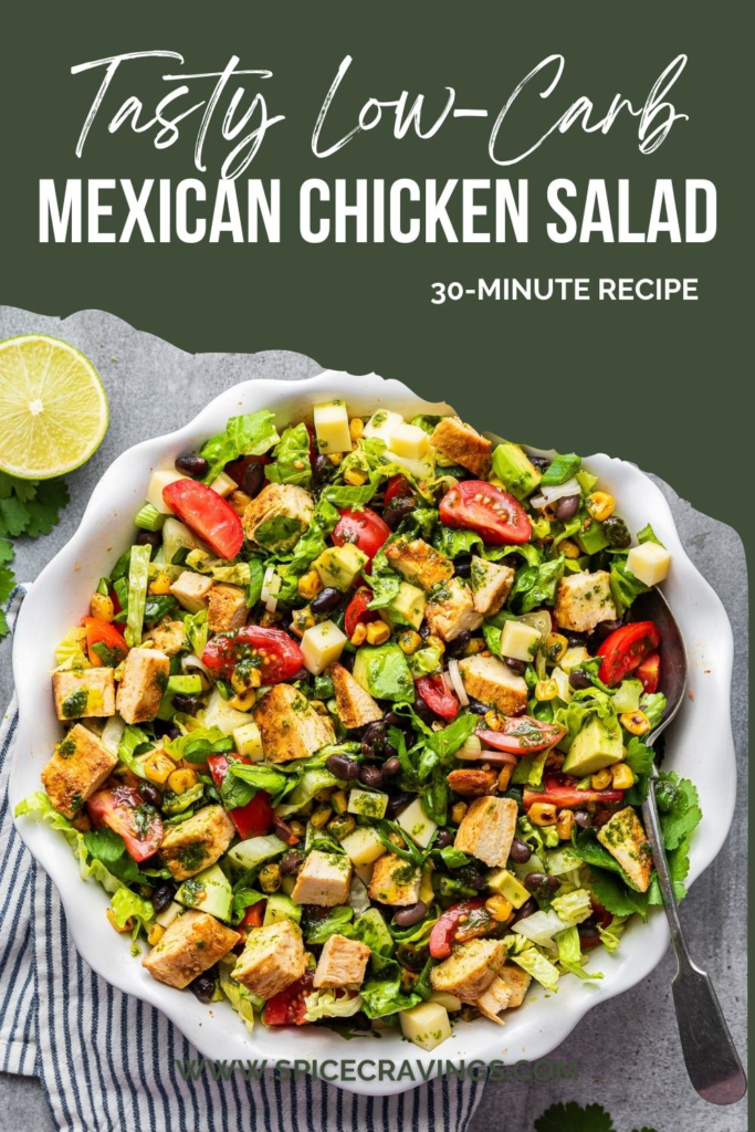 Mexican chicken taco salad in large white bowl with spoon