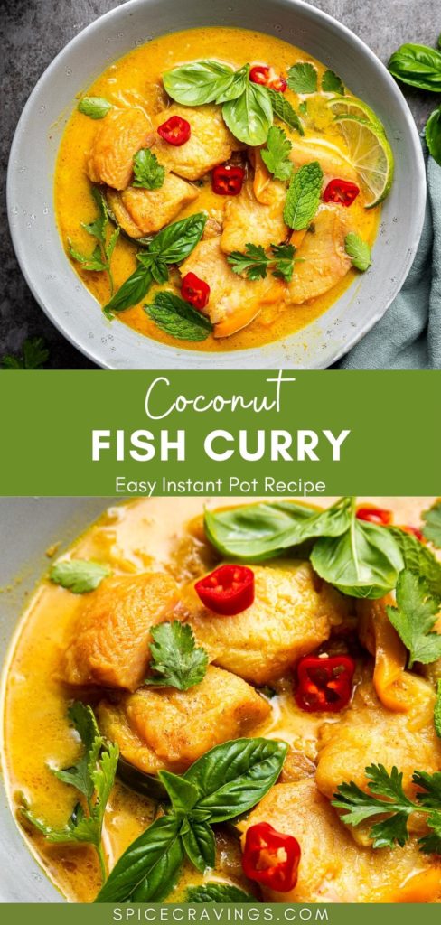 Two-grid image of fish curry in grey bowl, garnished with fresh basil and mint