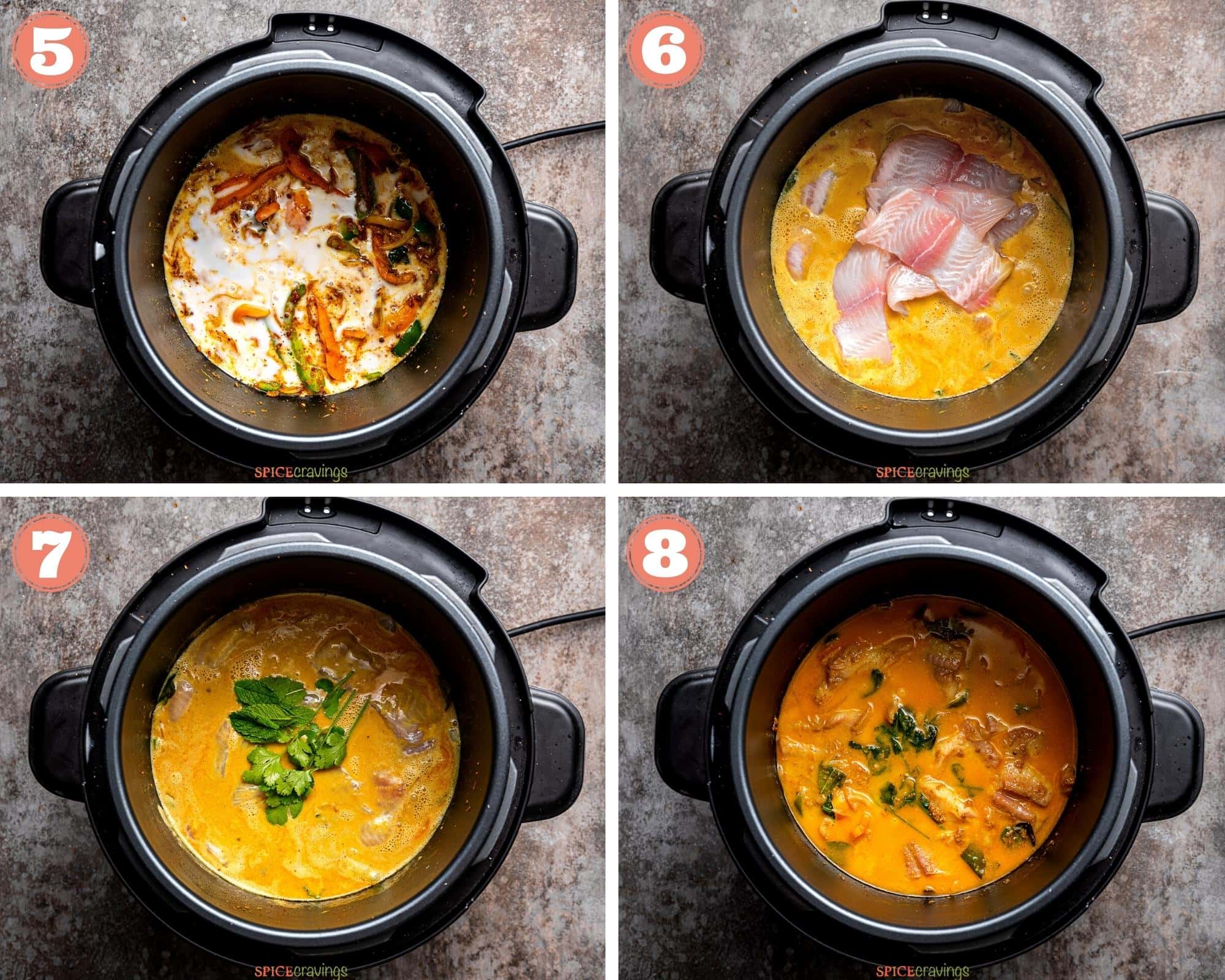 4-step grid showing how to make fish curry using coconut milk and fresh herbs in the instant pot