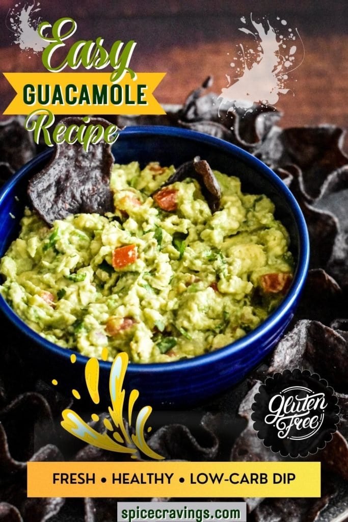Poster for Easy Guacamole Recipe featuring a blue bowl with guacamole and corn chips
