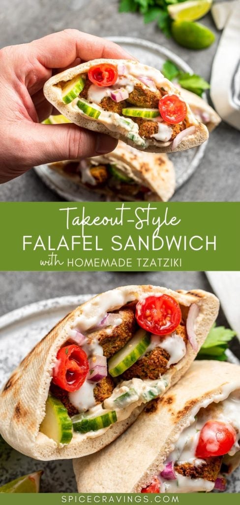 hand holding pita falafel sandwich topped with cucumbers, tomatoes and tzatziki
