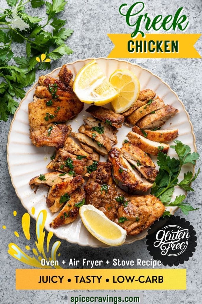 Sliced grilled chicken on white plate with lemon wedges
