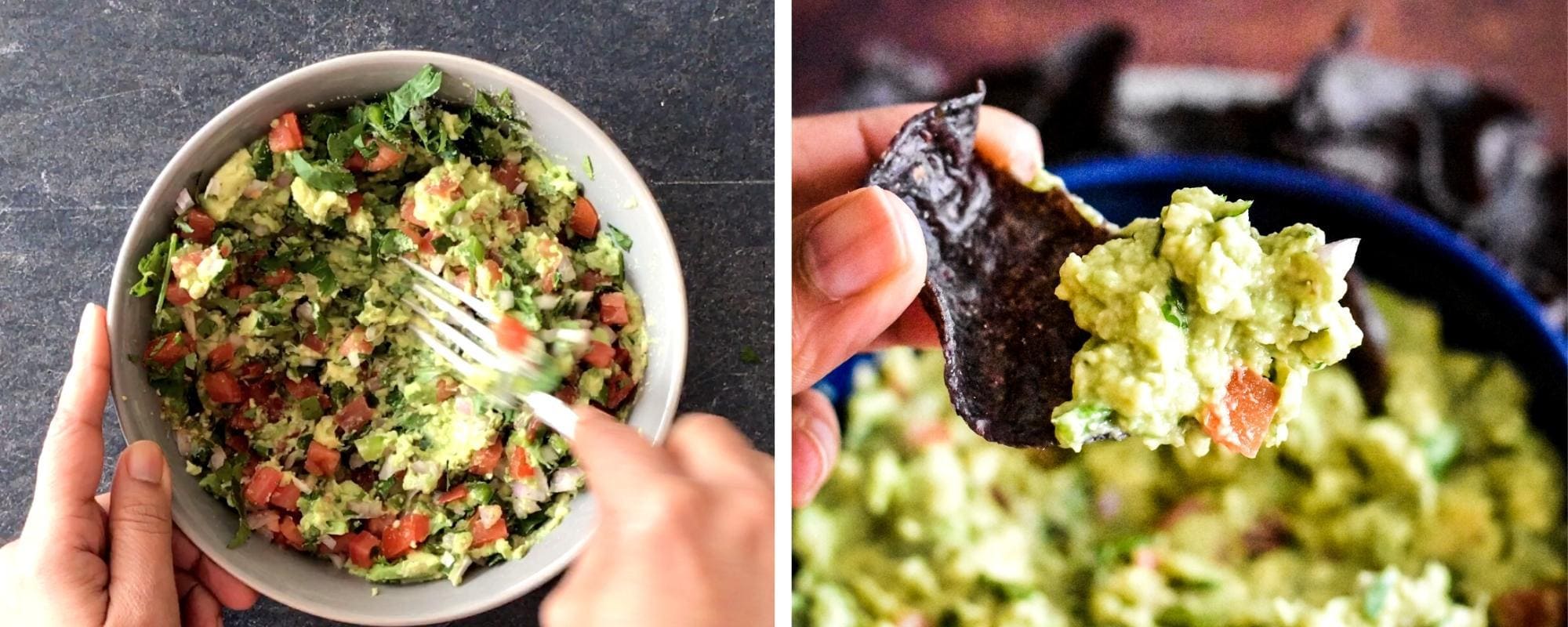 Left: Mixing guacamole with fork; right: Scooping guacamole with blue corn chip