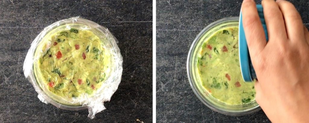 Left: Bowl of guacamole covered with plastic wrap; right: bowl of guac covered with layer of water