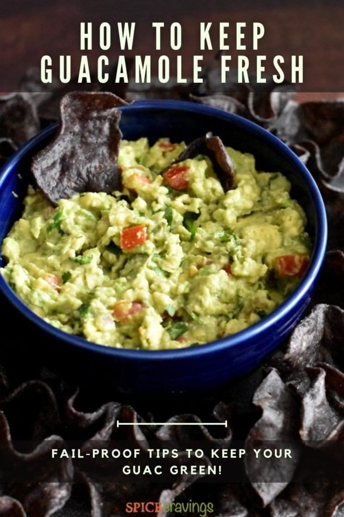 Blue bowl with guacamole with caption "How to Keep Guacamole Fresh"