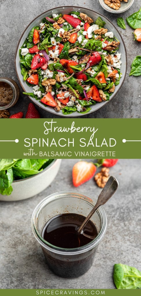 strawberry spinach salad in bowl and balsamic vinaigrette in glass jar