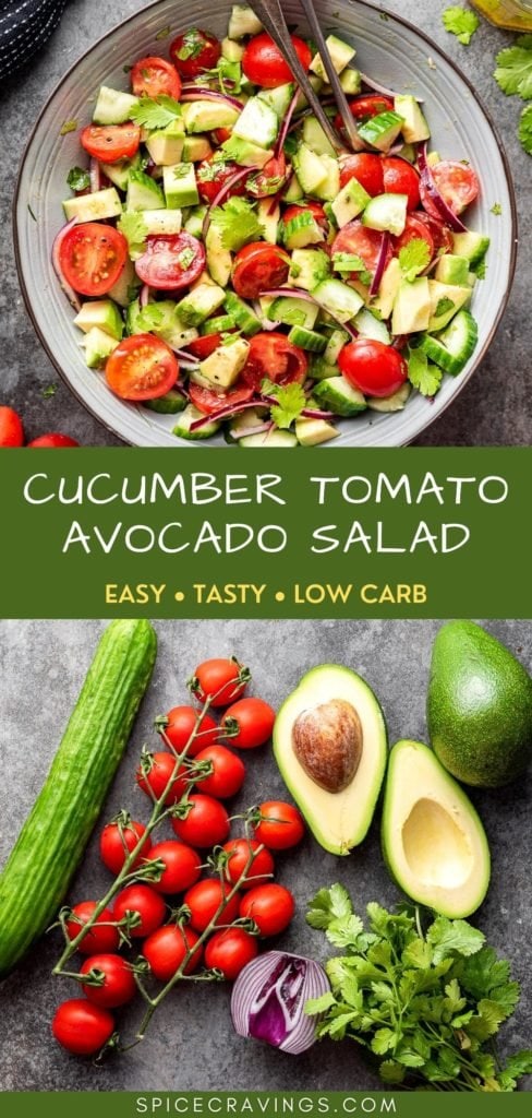 cucumber tomato avocado salad in large bowl and ingredients