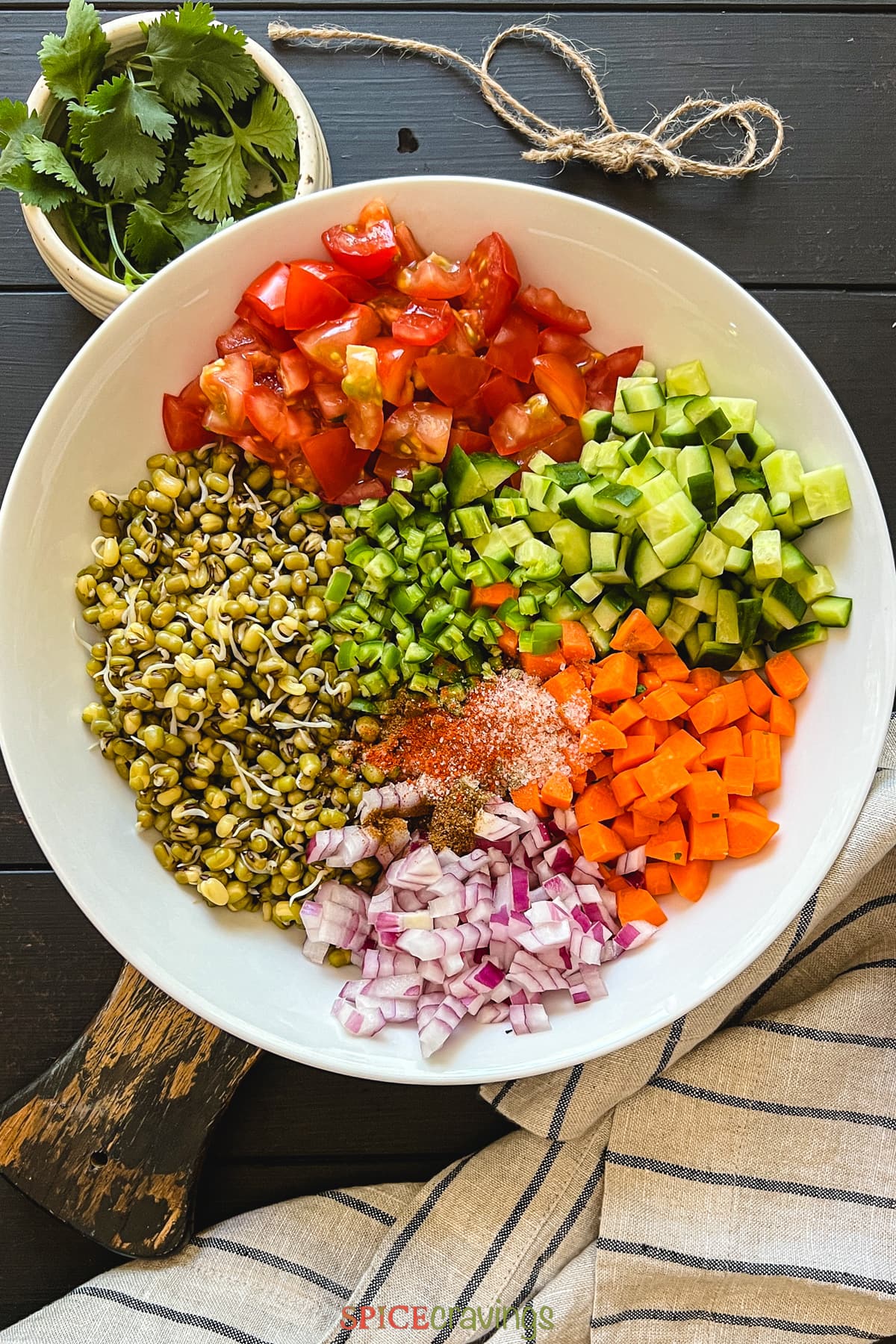 sprouted mung beans and chopped veggies in large white bowl