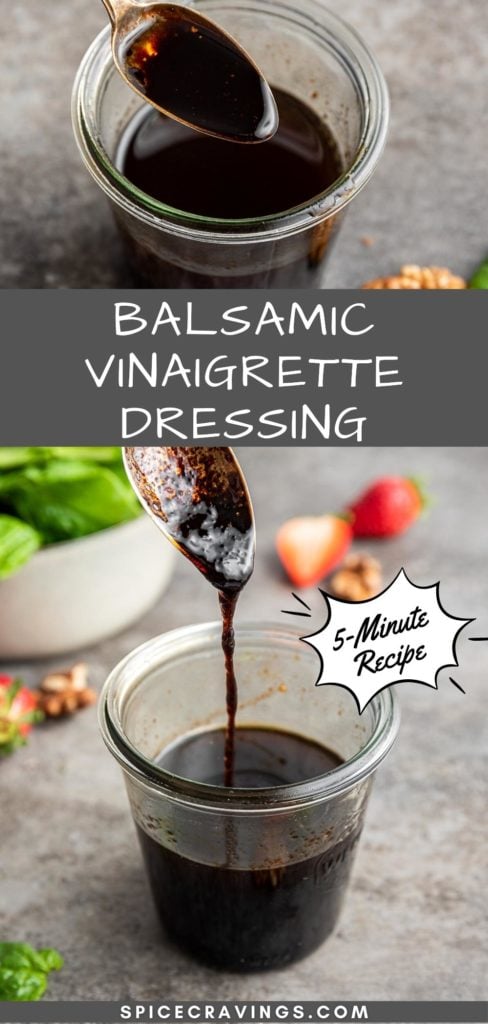 spoon drizzling balsamic vinaigrette dressing into glass jar full of dressing