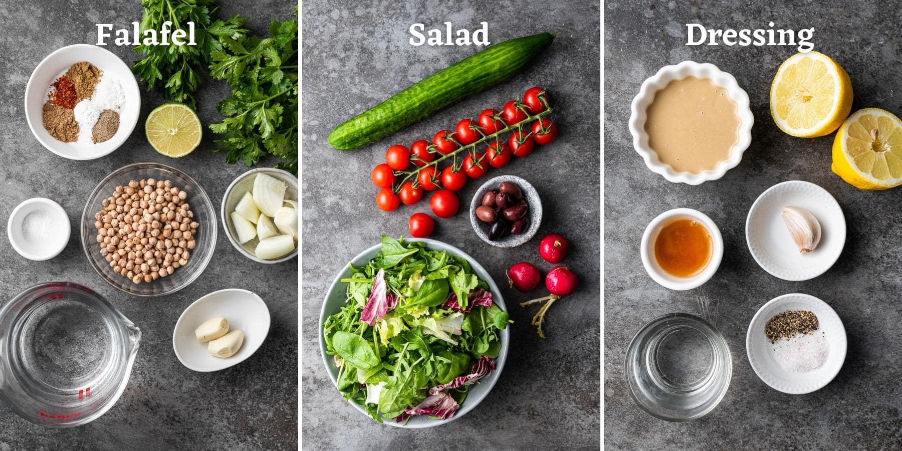 three grid shot showcasing ingredients for falafel salad