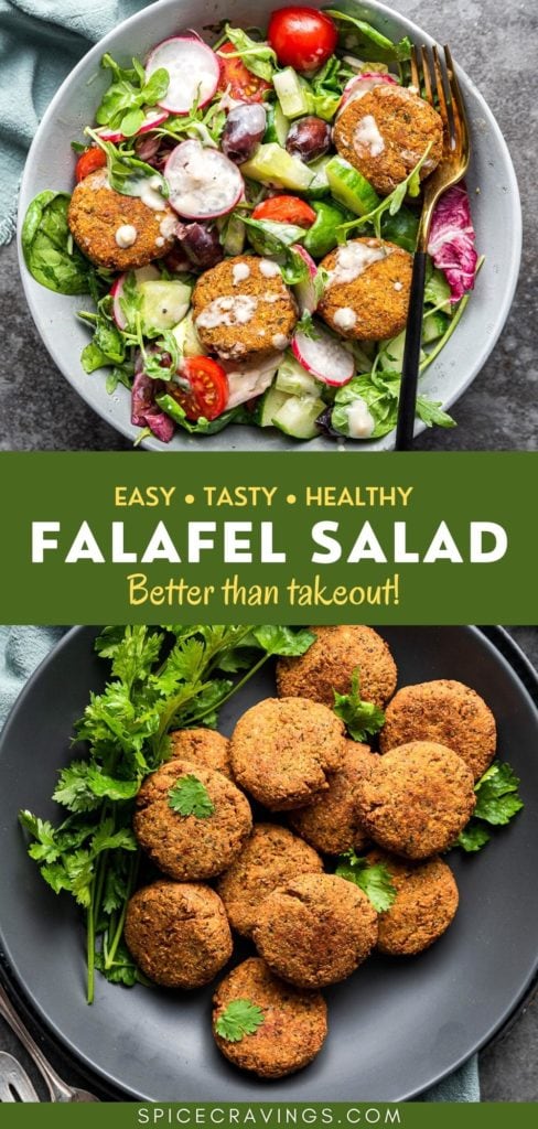 falafel salad recipe in large blue bowl with fork