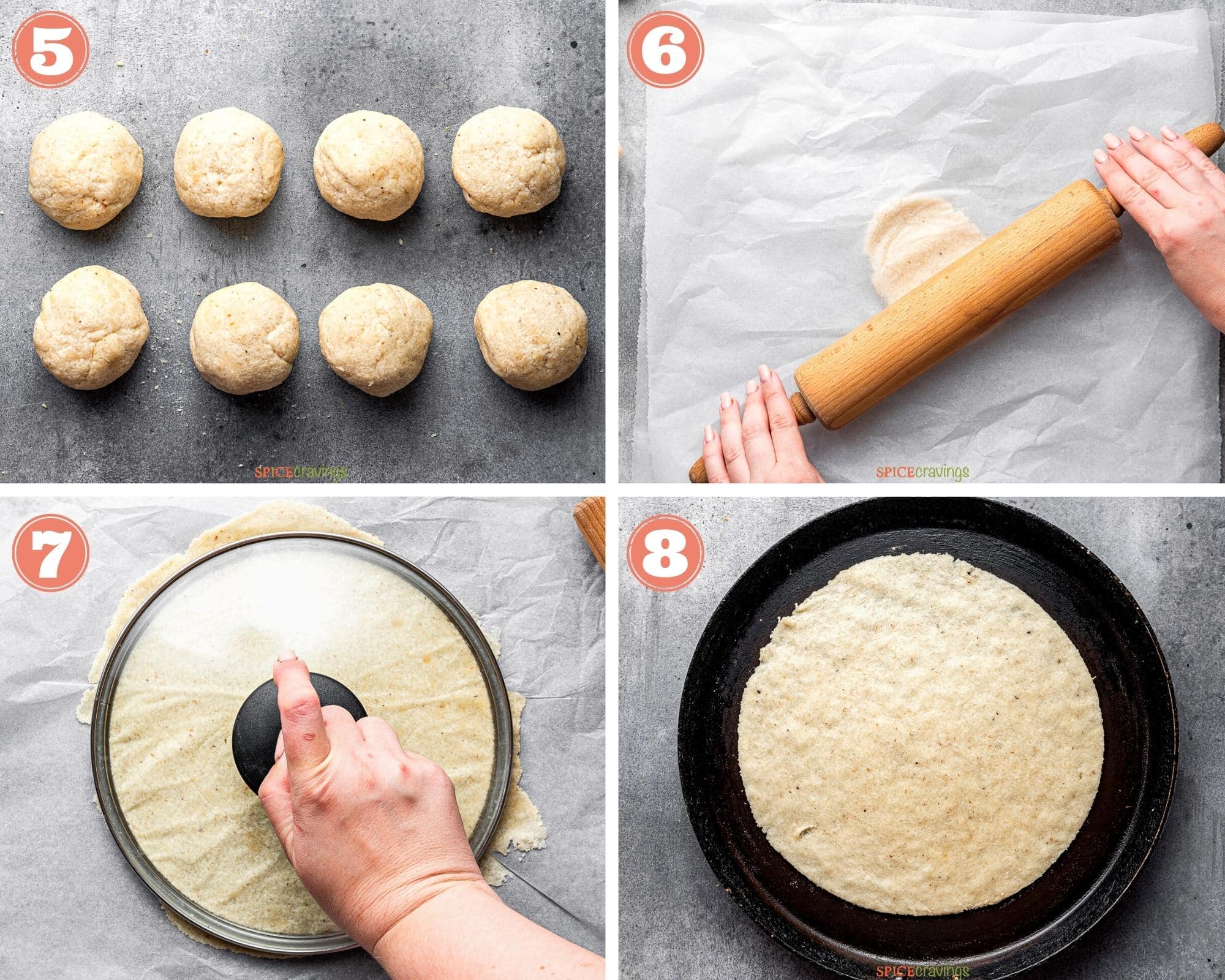four step grid cooking almond flour tortillas in skillet