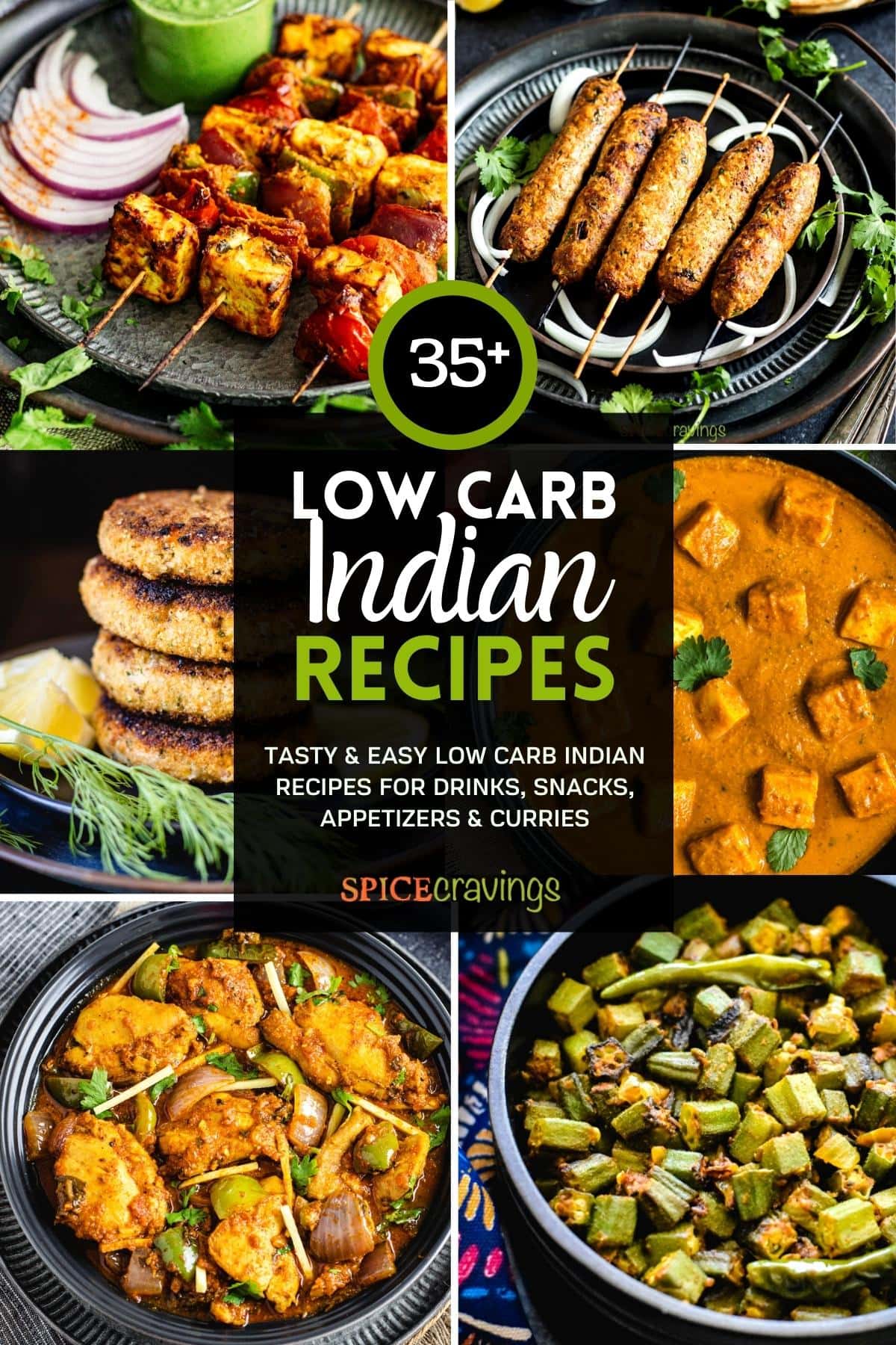 6-image grid showing low carb indian food including paneer, kebab, patties and curry