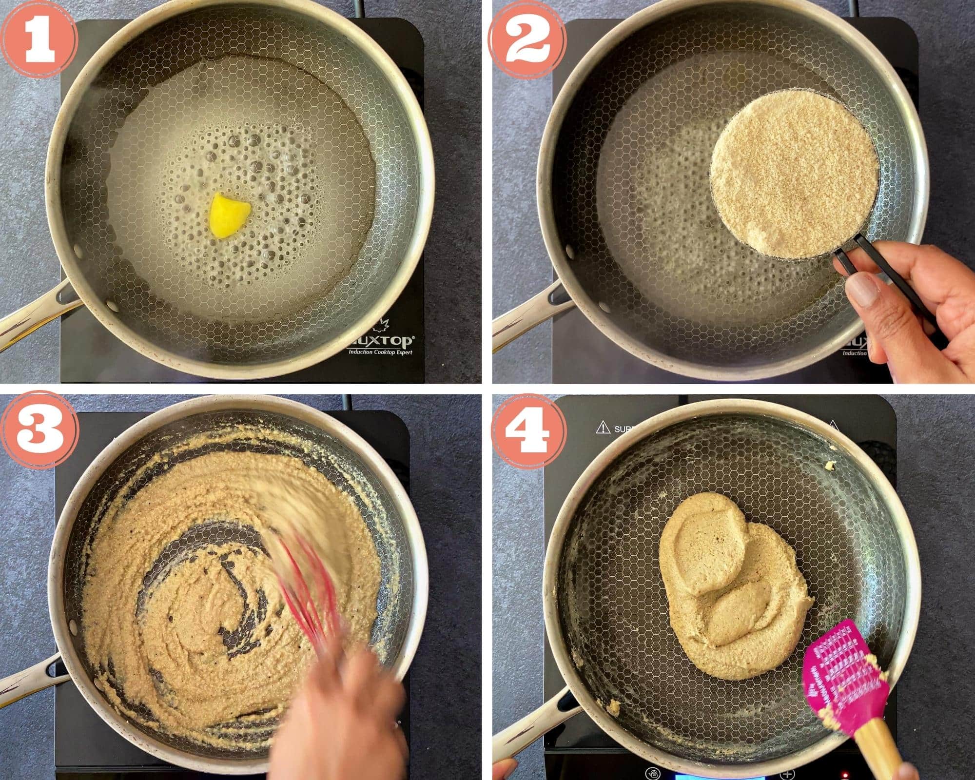 four step grid making badam burfi dough in skillet