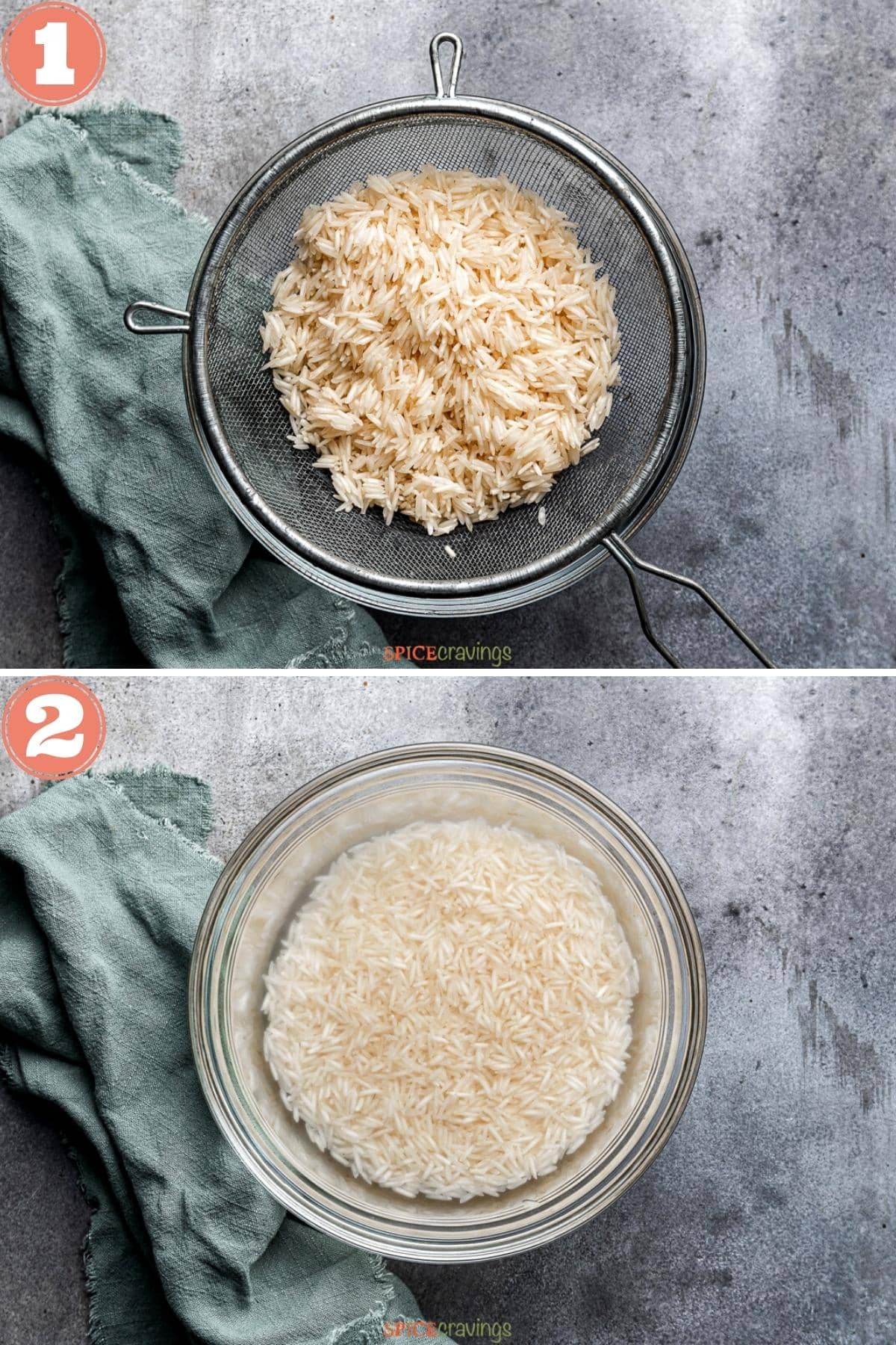 Two step images showing rinsing and soaking rice