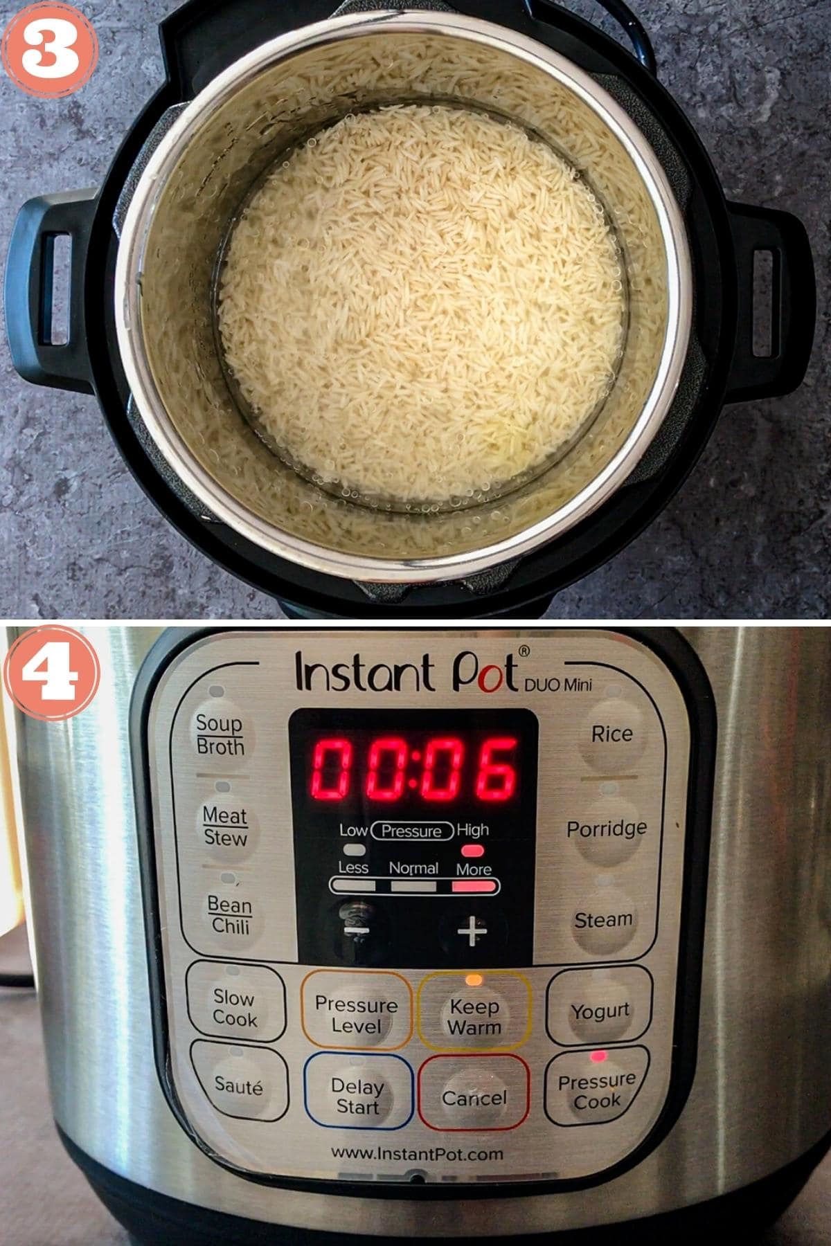Two step photos showing cooking rice in instant pot with timer