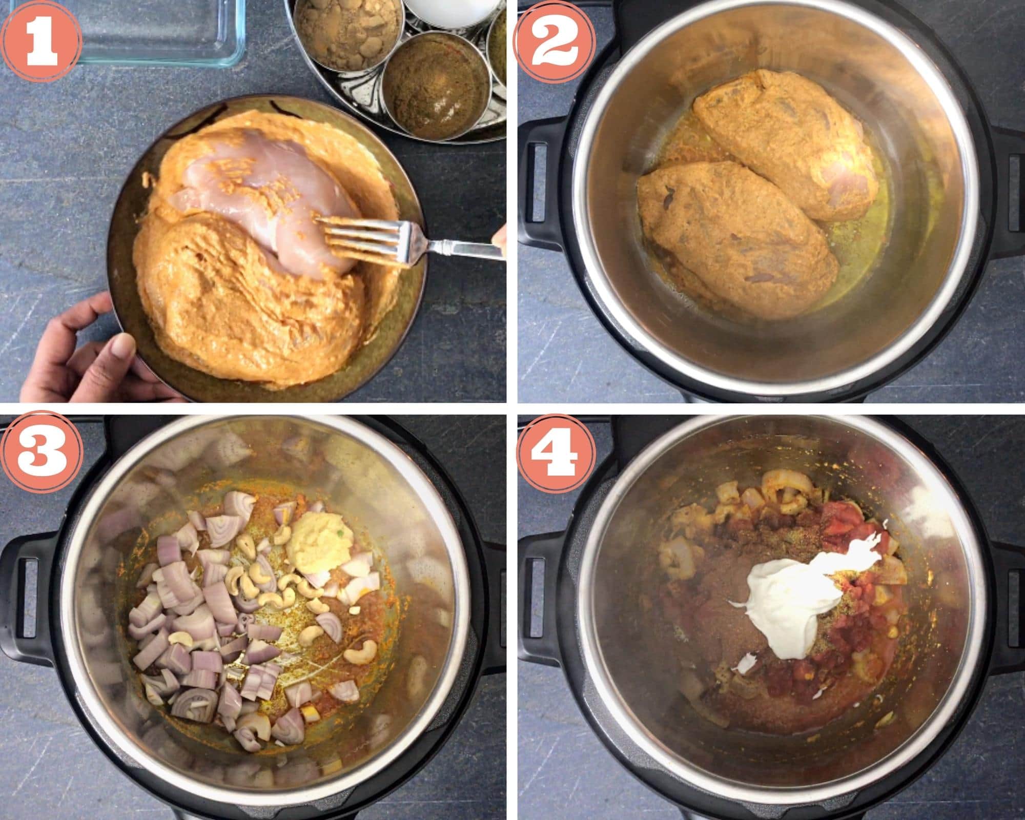 Image grid showing process of marinating, and cooking chicken tikka masala
