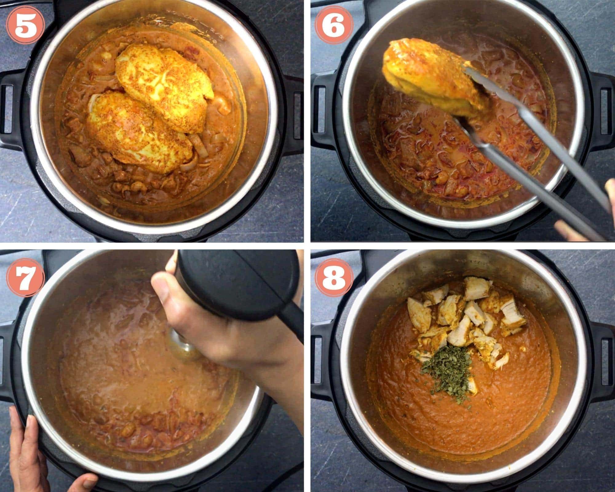 4-step process showing how to make, puree and simmer chicken tikka masala