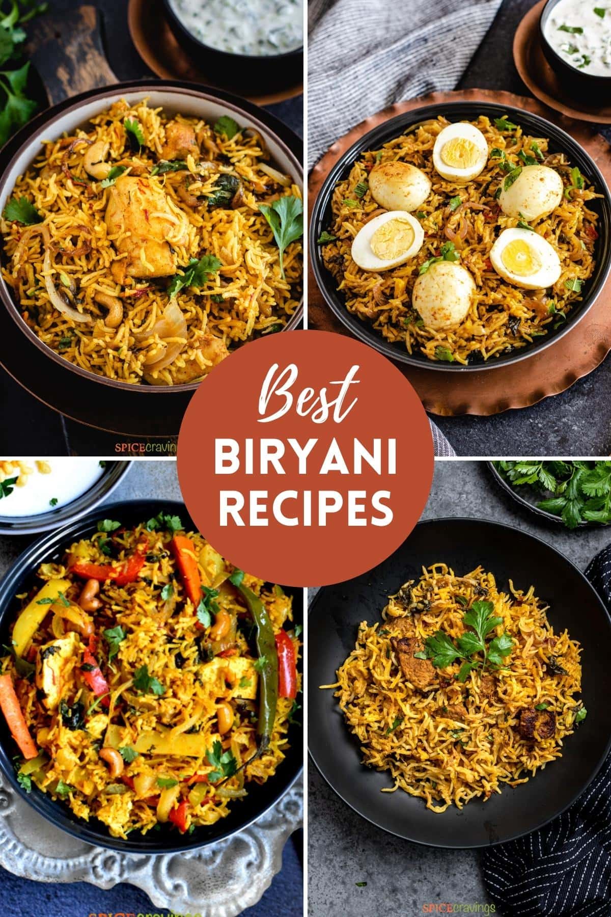 4-image grid showing biryani recipes featuring chicken, egg, vegetables and lamb