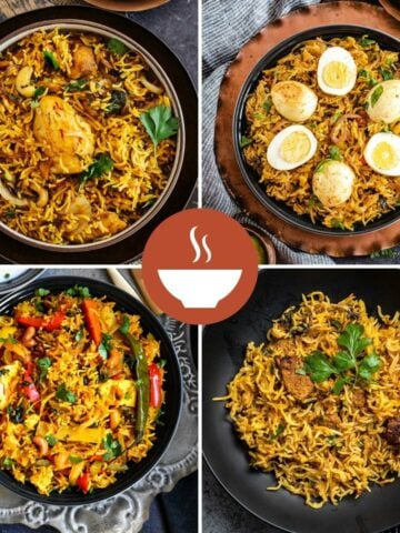 4-image grid showing biryani recipes featuring chicken, vegetables, egg, and lamb