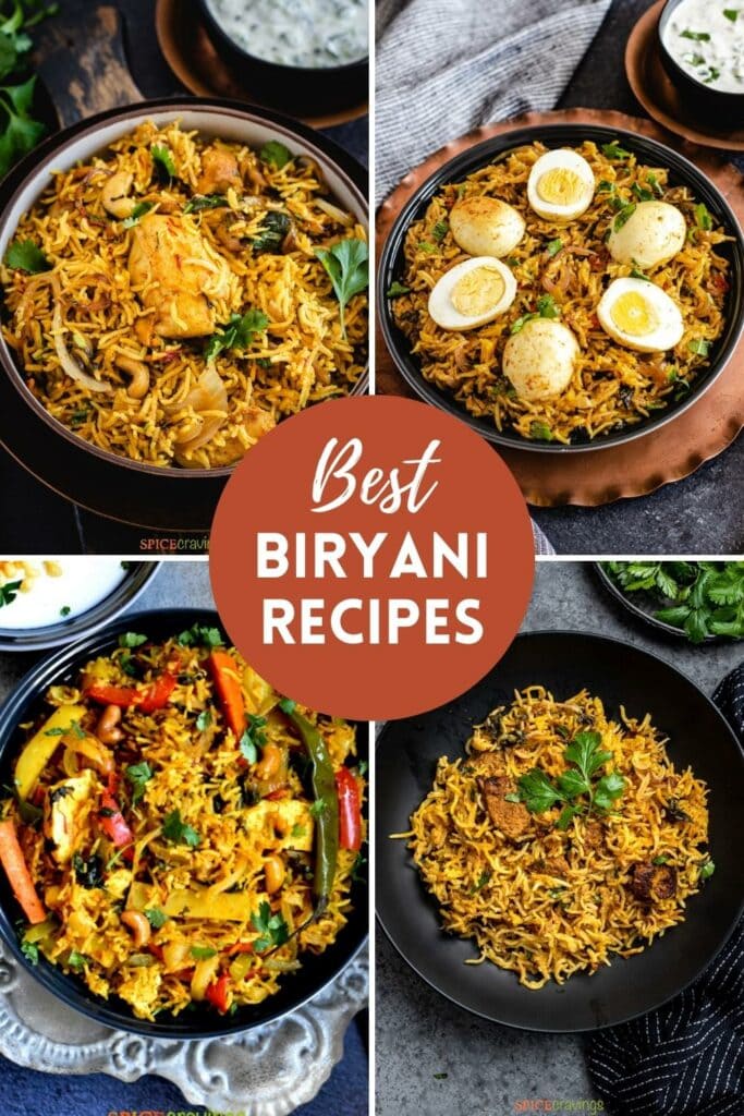 4-image grid showing biryani recipes featuring chicken, vegetables and egg