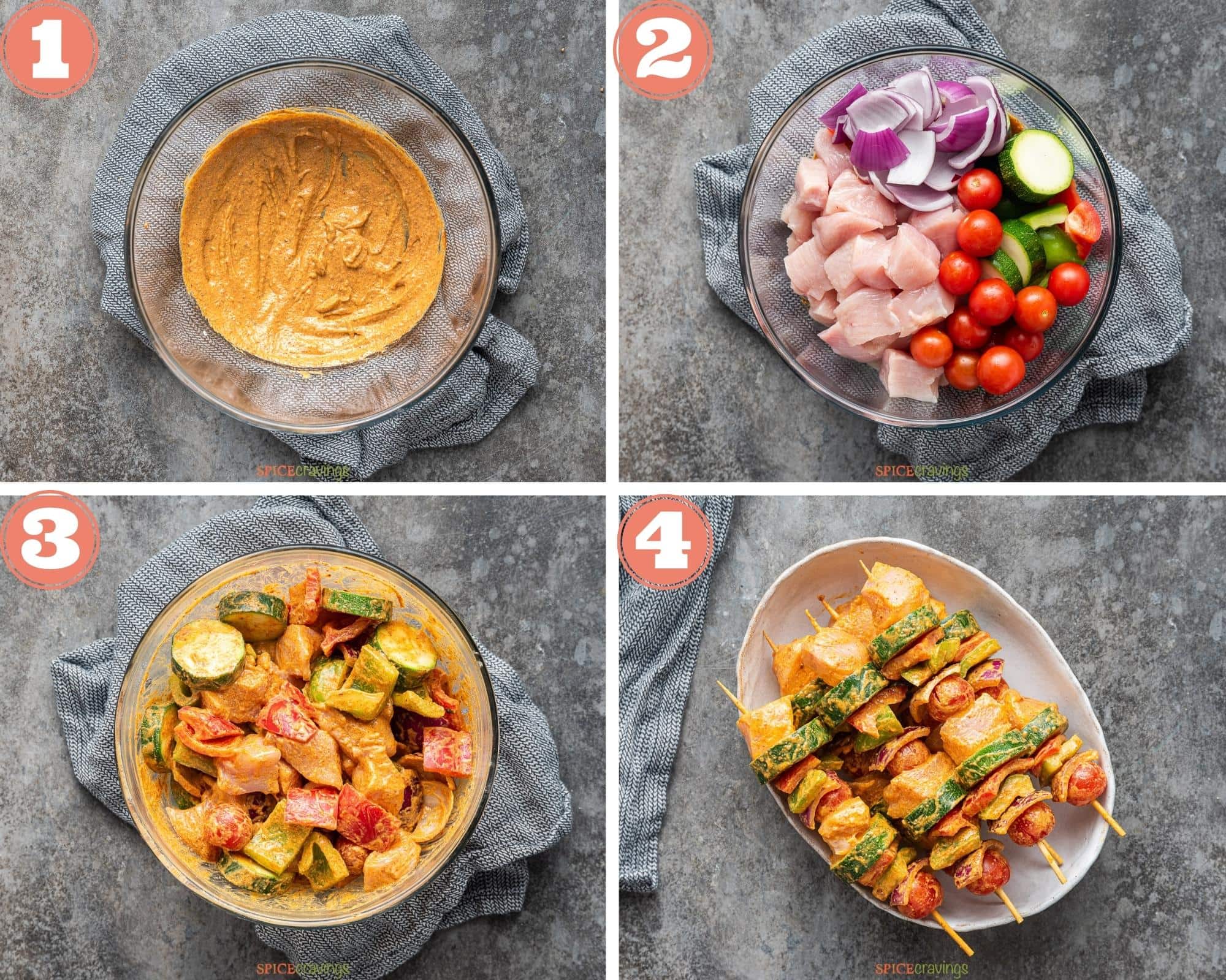 4-image grid showing how to marinate chicken and vegetables