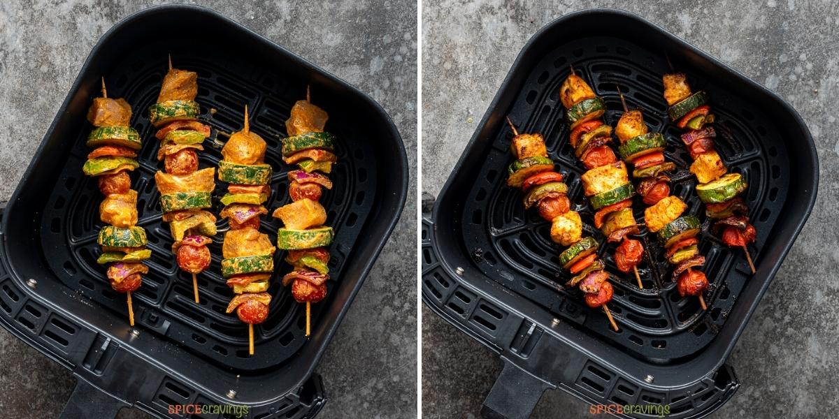 Two images showing how to cook shish kebab skewers in an air fryer