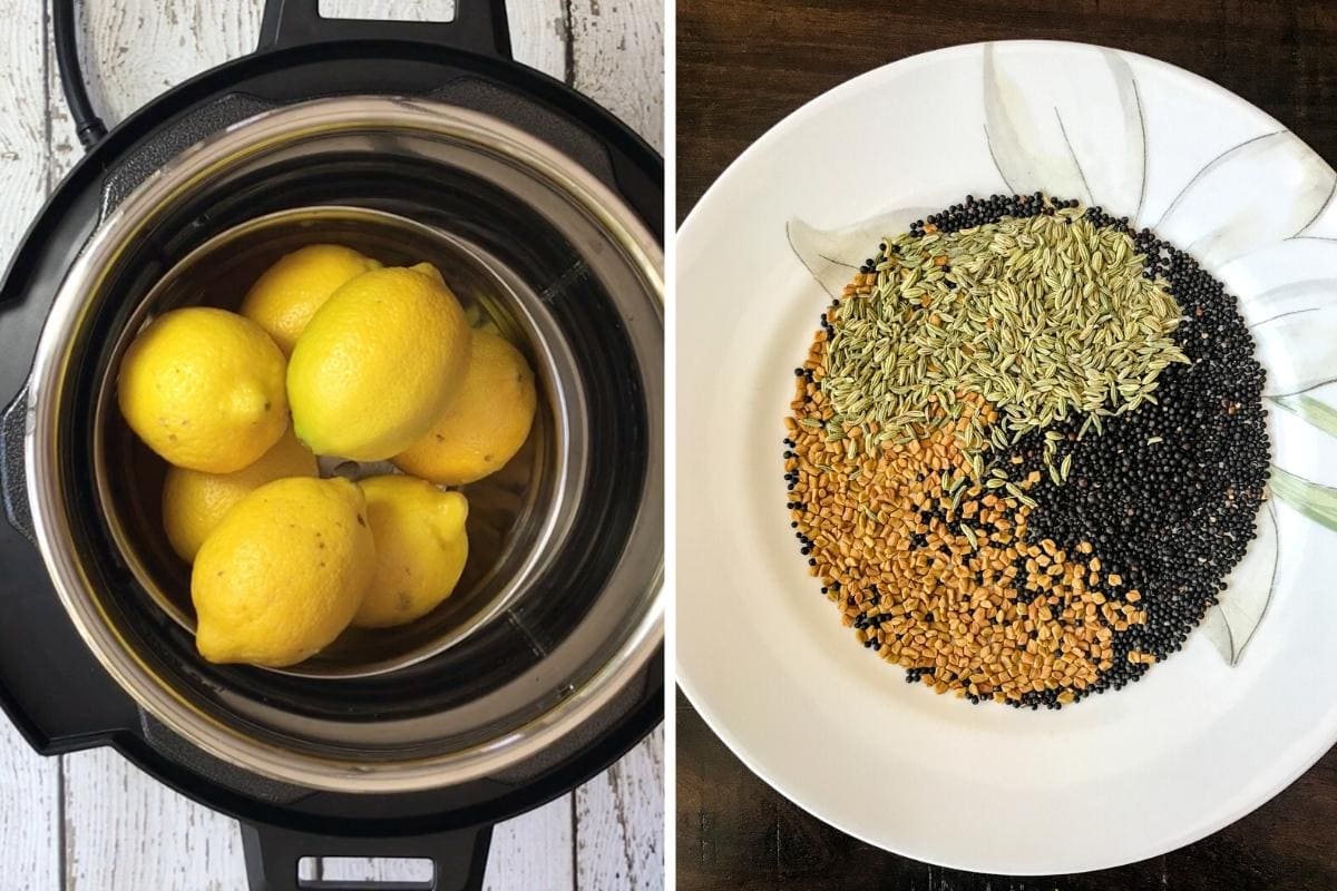 Top shot showing whole lemons in instant pot; whole spices in bottom image