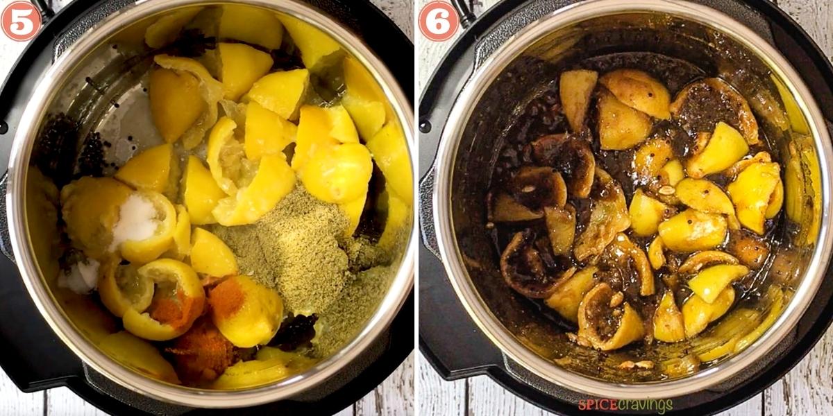 Two images showing how to saute lemon chunks with spices