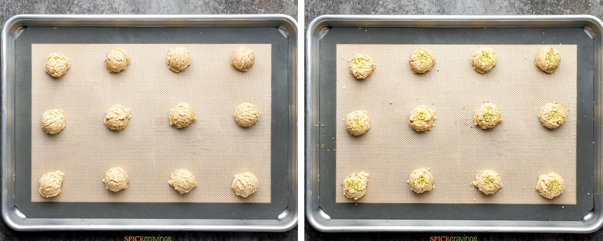 nankhatai cookie dough scoops on two parchment lined baking sheets