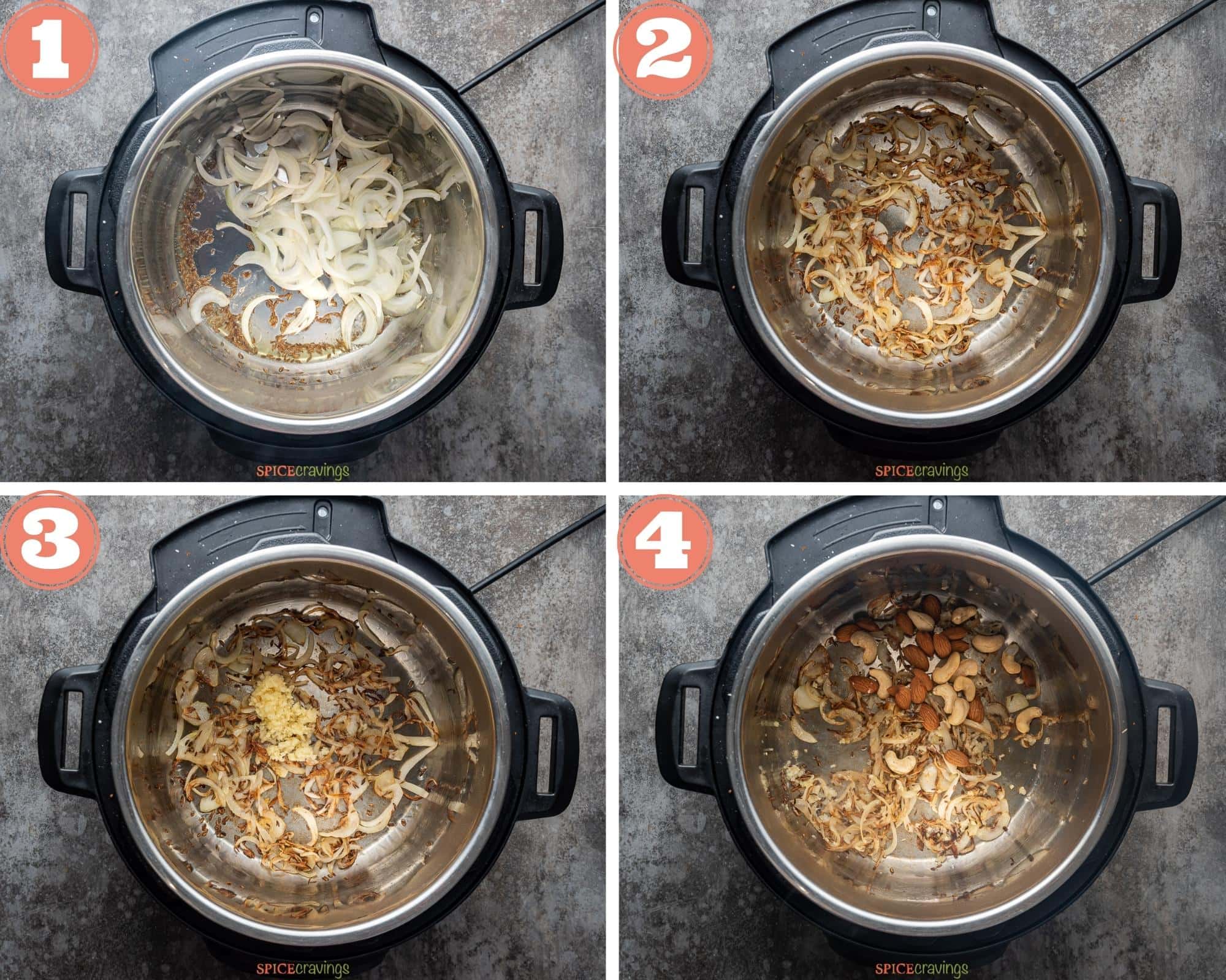 Steps 1 to 4 showing how to brown onions and nuts in an instant pot