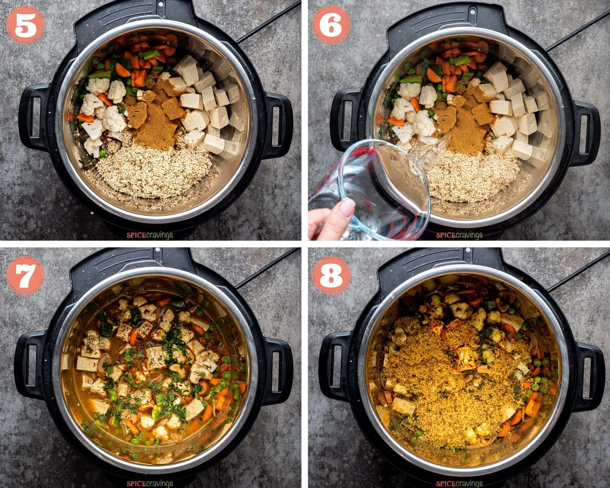 Steps 5 to 8 showing how to make quinoa biryani in instant pot