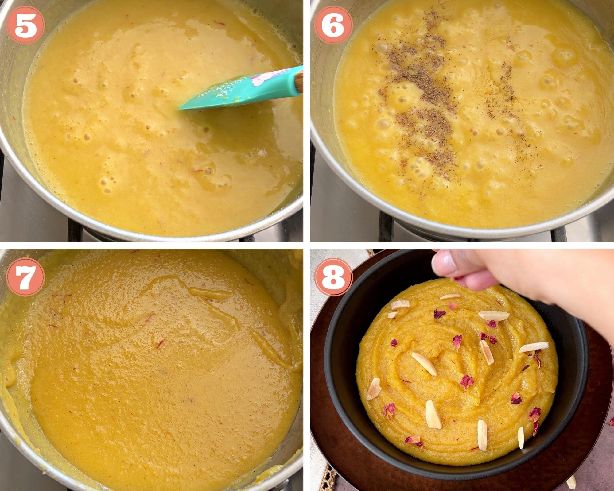 4-step image grid showing how to make almond halwa in a pan