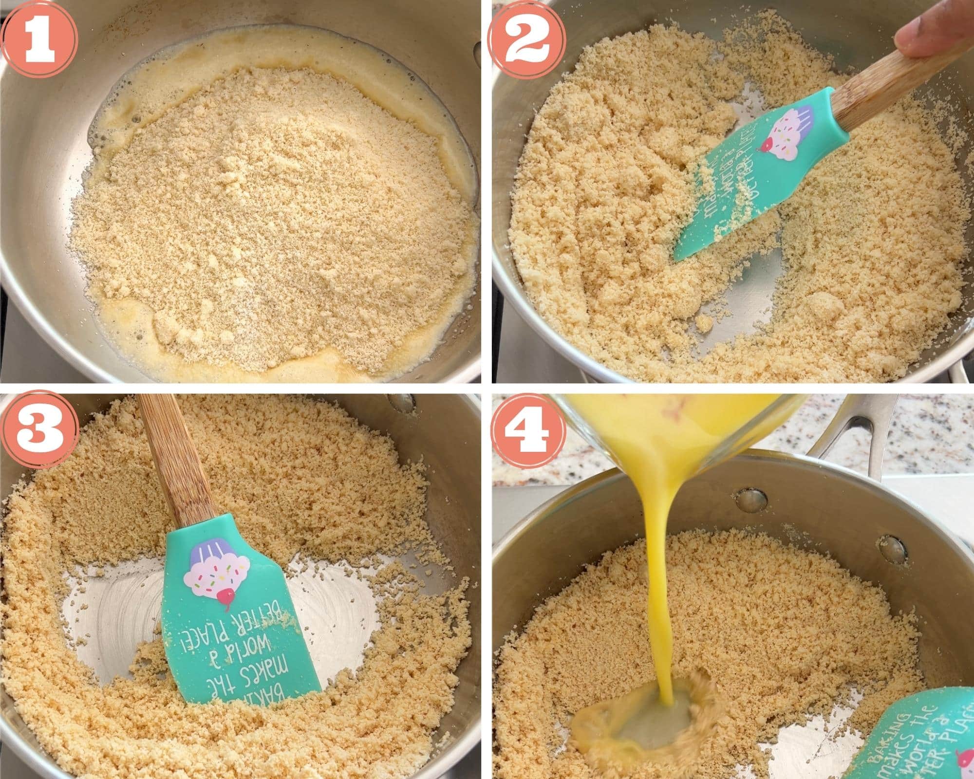 4-step image grid showing roasting almond flour, then adding milk in it