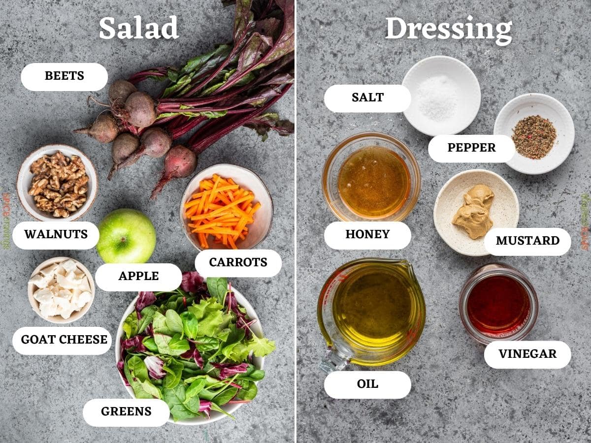 two step grid featuring salad and dressing ingredients in small bowls