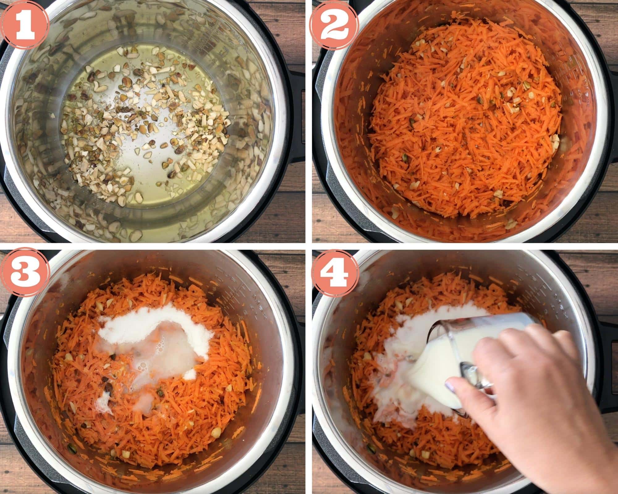 4-image collage showing sauteing nuts, carrots, adding sugar and milk to pot