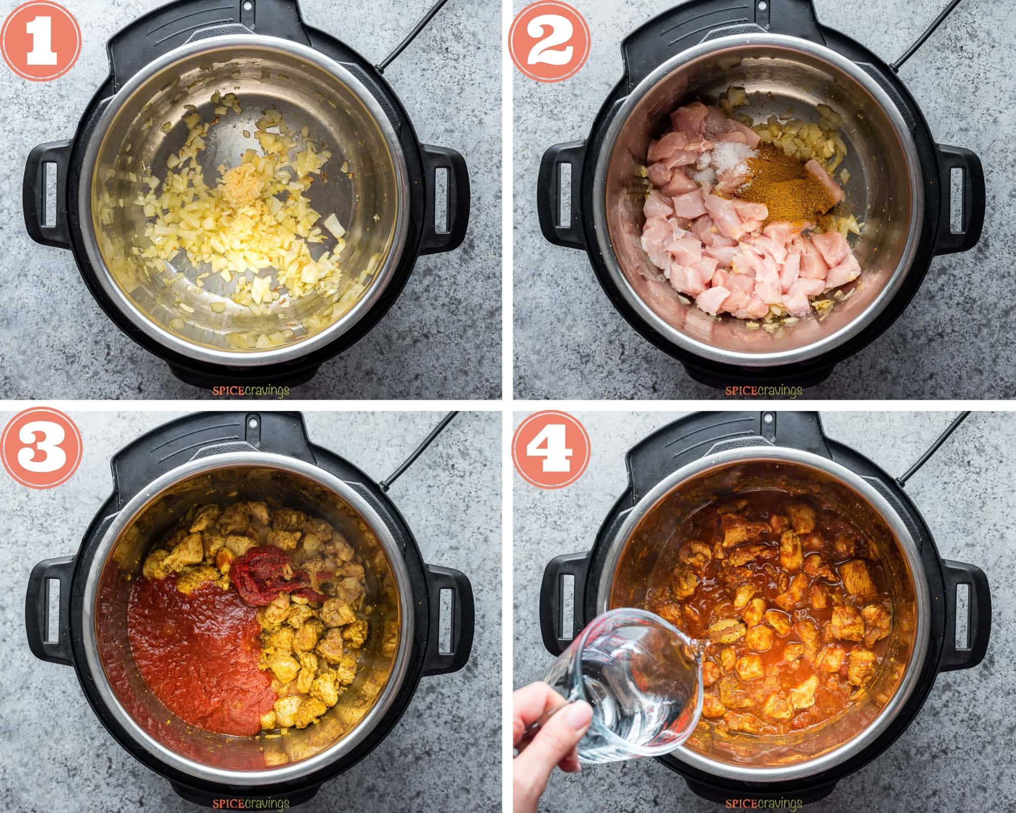 four step grid preparing chicken coconut curry in instant pot