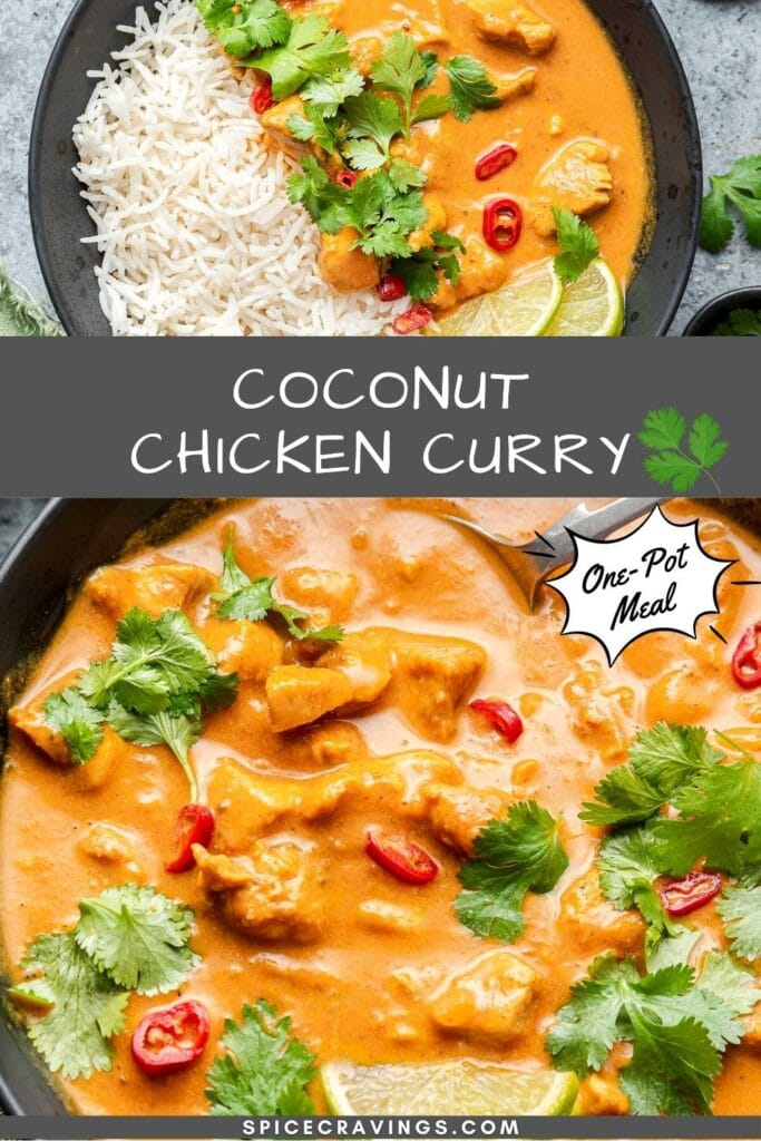 chicken coconut curry over rice in black bowl