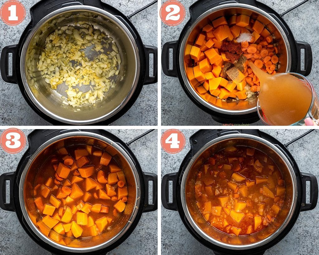 four step grid preparing butternut squash curry soup in instant pot