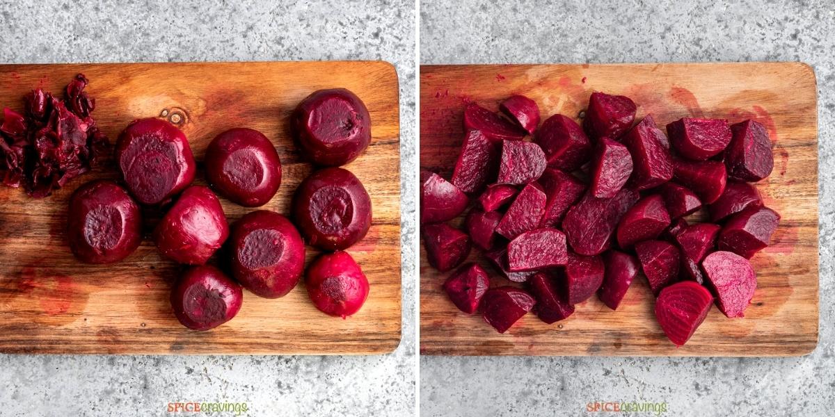two photo grid showing whole and cut beets on wooden cutting board